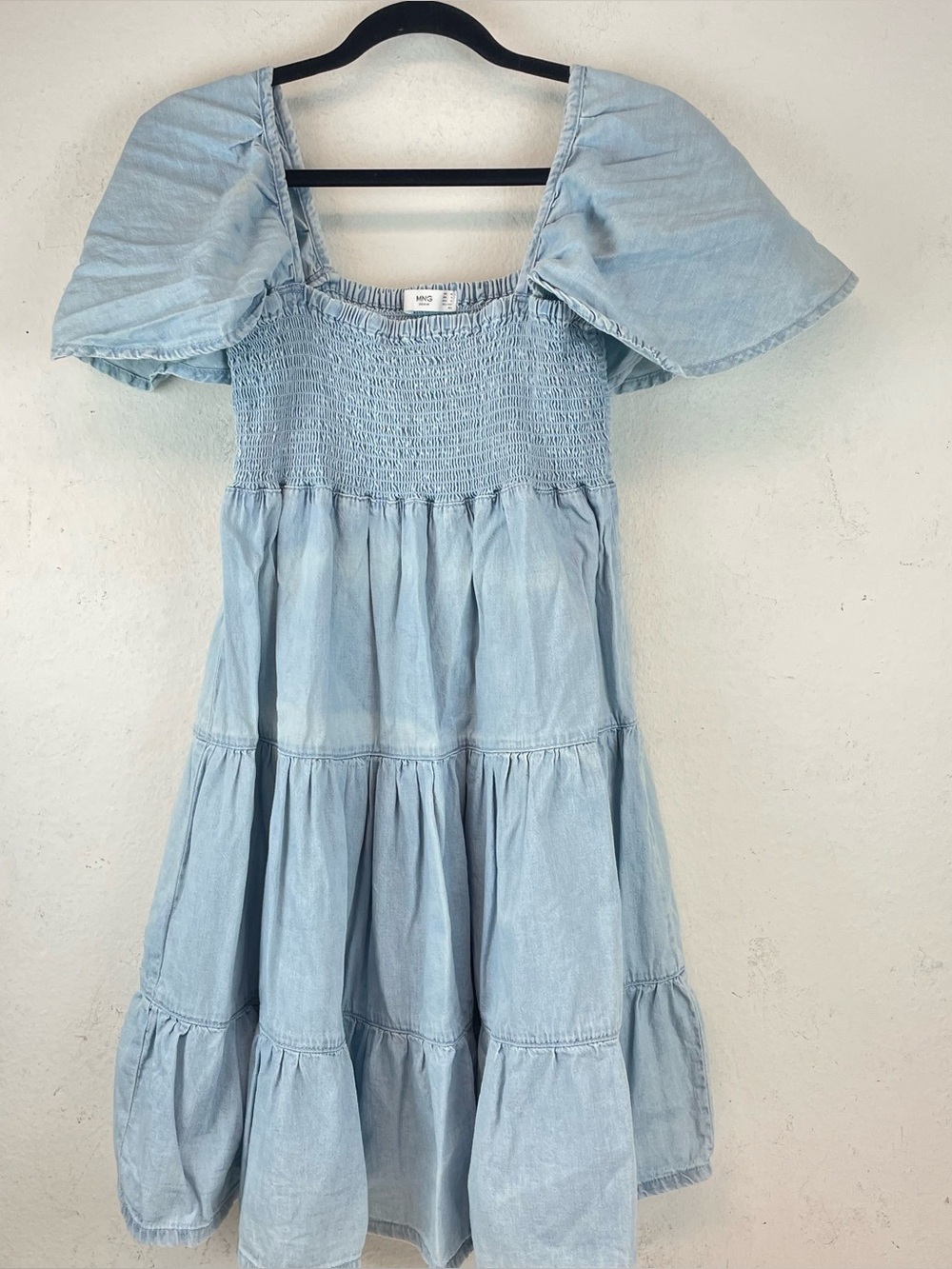 MNG Powder Blue denim tiered dress with smocked bodice Size 6